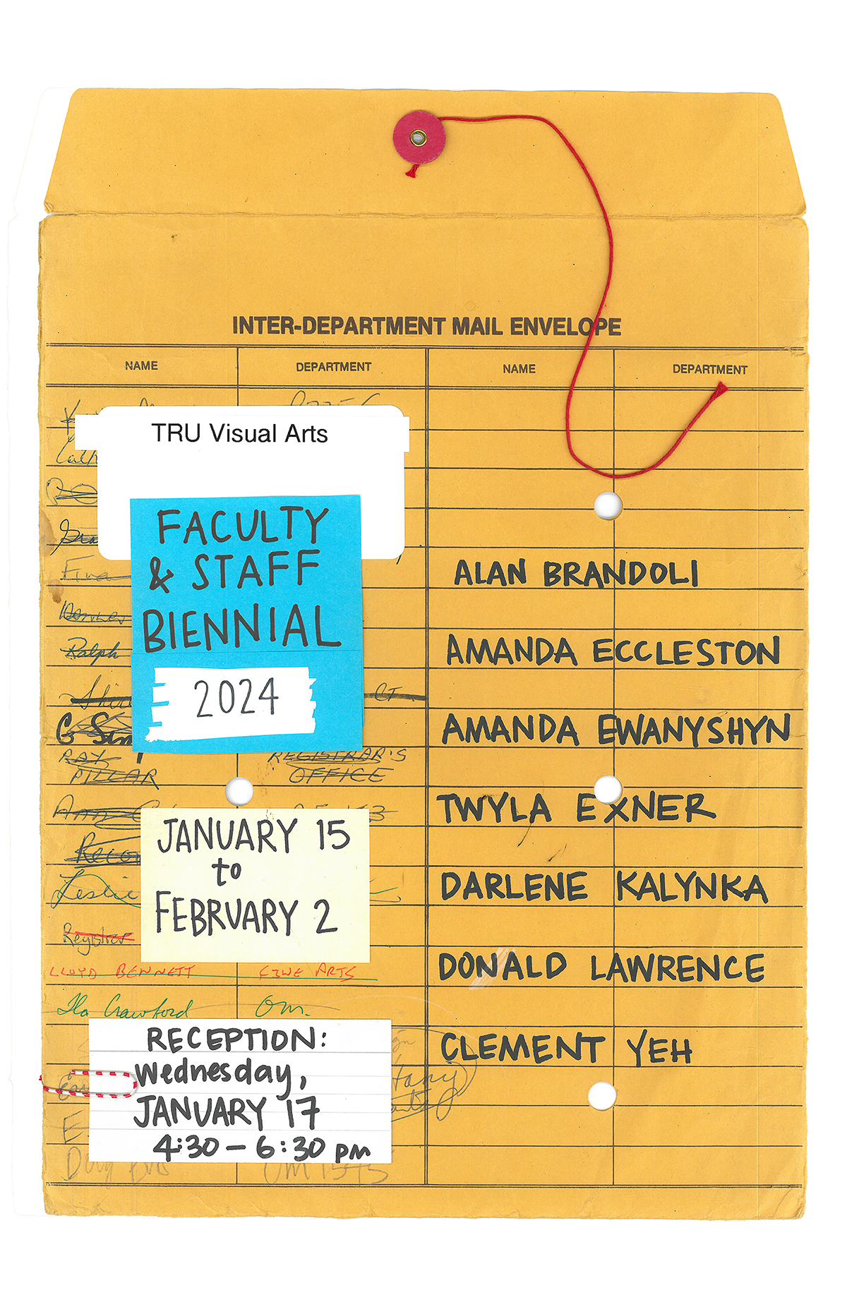Poster designed as an inter-department mail envelope: TRU Visual Arts Faculty and Staff Biennial 2024, January 15 to February 2; reception Wednesday, January 17, 4:30-6:30 pm. Artists: Alan Brandoli, Amanda Eccleston, Amanda Ewanyshyn, Twyla Exner, Darlene Kalynka, Donald Lawrence, Clement Yeh.